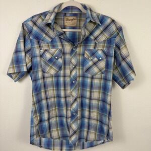 Wrangler Mens Western Snap Shirt Short Sleeve Plaid Blue Green Pearl Snap Medium